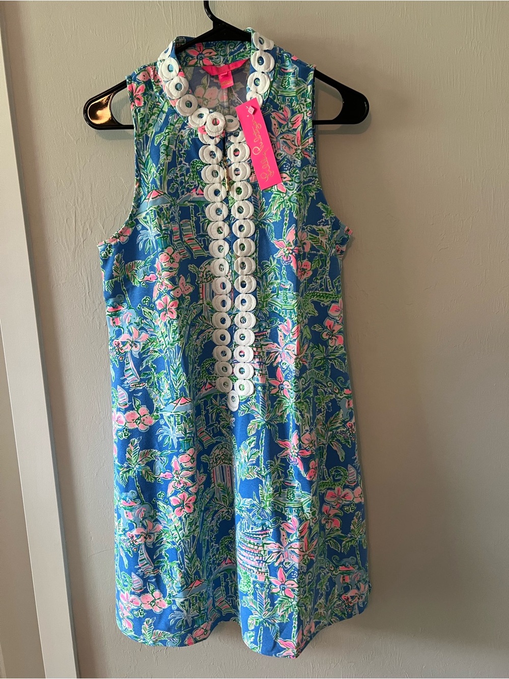 Lilly Pulitzer Blue Sleeveless Floral Shift Dress with White Eyelet Trim